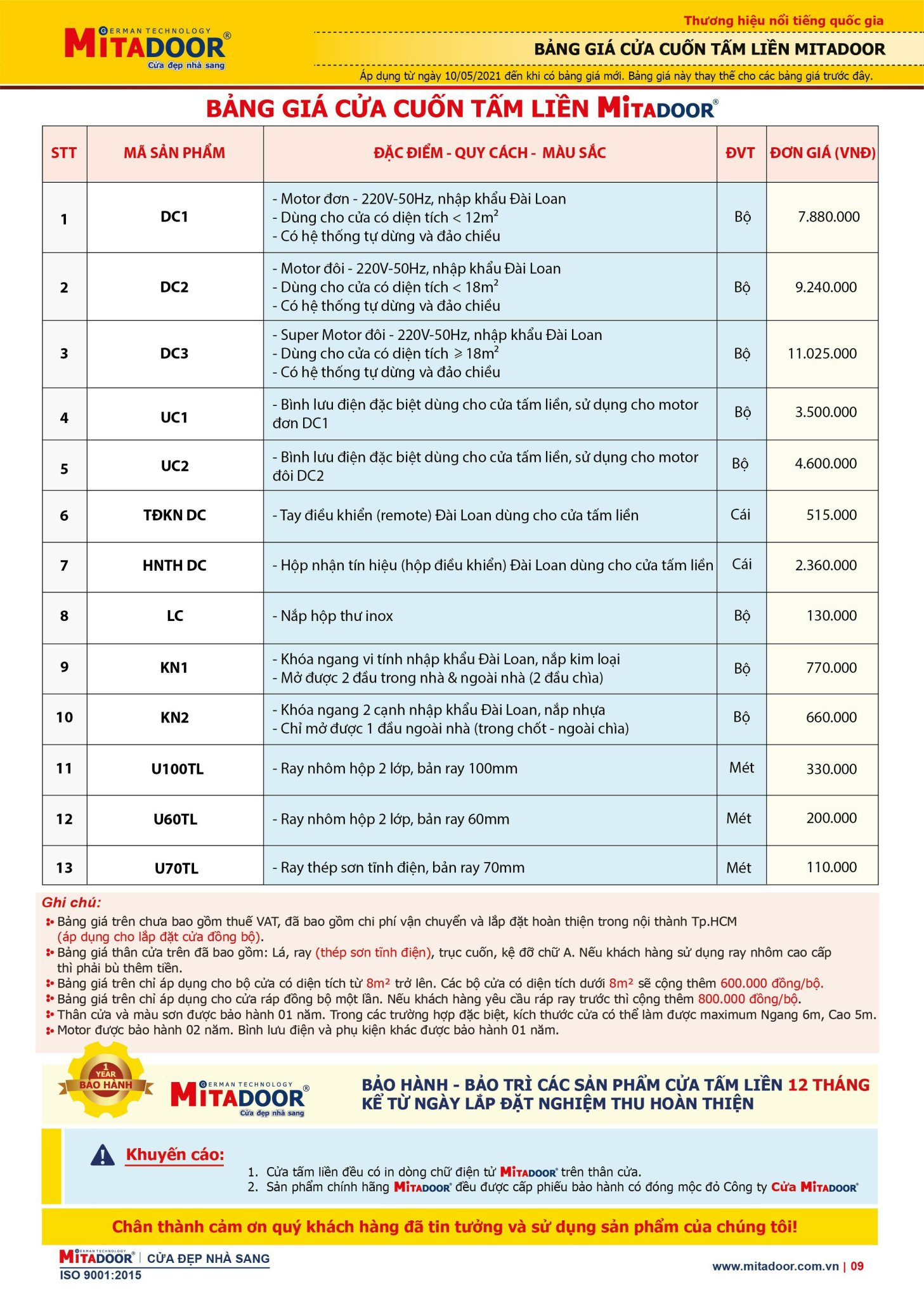 bảng giá cửa cuốn úc tấm liền mitadoor - việt minh long -02